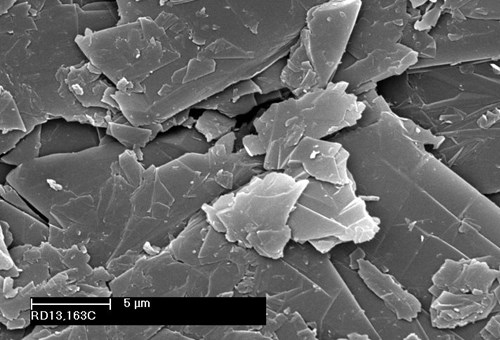 Photo of scanning electron micrographs of Asbury grade 98DC milled vein graphite.