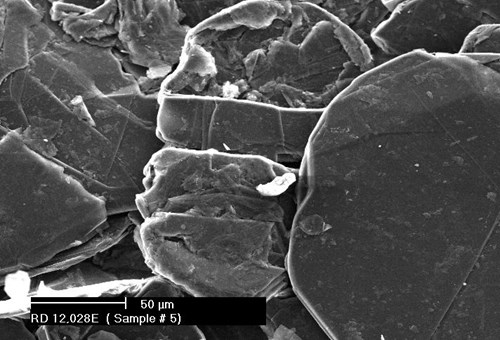 Photo illustrating the platy morphology of flake graphite.