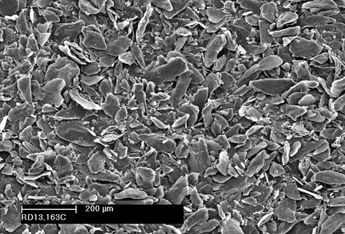 Photo of scanning electron micrographs of Asbury grade 98DC milled vein graphite.