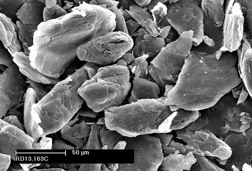 Photo of scanning electron micrographs of Asbury grade 98DC milled vein graphite.