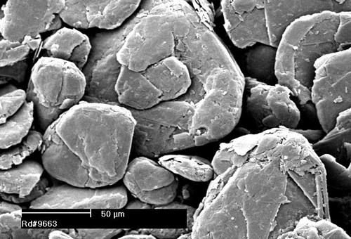 Photo illustrating the platy morphology of flake graphite.